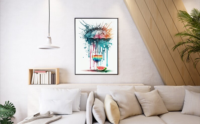 May include: A watercolor painting of a colorful umbrella over a glass of rainbow colored liquid and a slice of watermelon. The background is white with colorful paint splatters.
