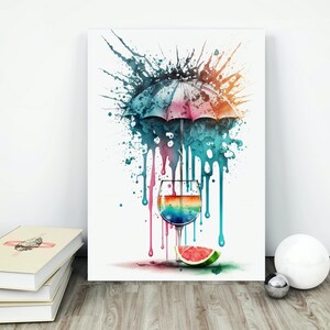 May include: A watercolor painting of a colorful cocktail with a rainbow ombre effect in a glass with a watermelon slice on the rim. An umbrella with a blue and pink design is above the glass, with colorful paint splatters and drips around it.