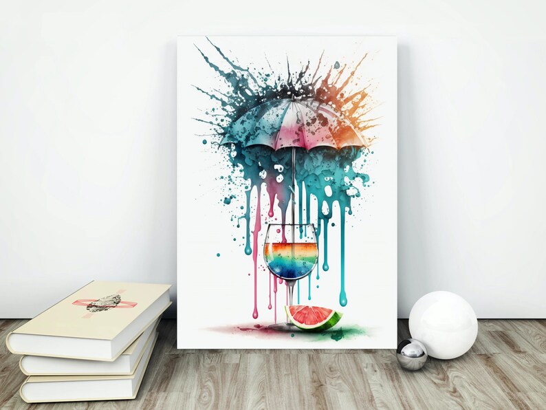 May include: A watercolor painting of a colorful cocktail with a rainbow ombre effect in a glass with a watermelon slice on the rim. An umbrella with a blue and pink design is above the glass, with colorful paint splatters and drips around it.
