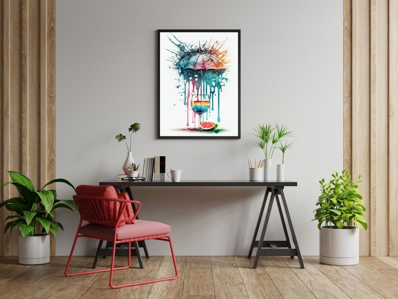 May include: A watercolor painting of a colorful umbrella with drips of paint, a glass of water with a slice of watermelon, and a green leaf. The painting is framed in a black frame and hanging on a white wall.