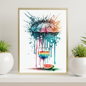 May include: A watercolor painting of a colorful cocktail with a watermelon slice and an umbrella. The background is a white canvas with colorful paint splatters.