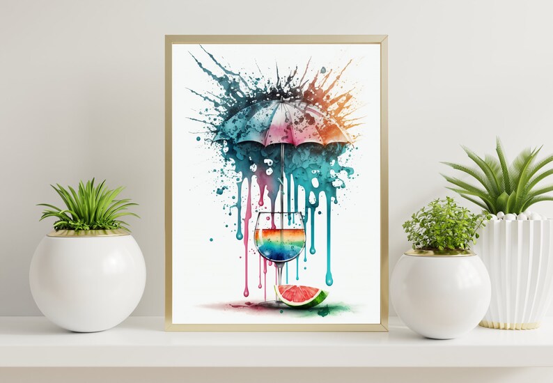 May include: A watercolor painting of a colorful cocktail with a watermelon slice and an umbrella. The background is a white canvas with colorful paint splatters.