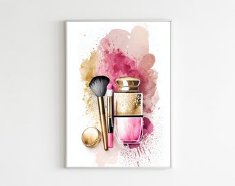 May include: A watercolor illustration of makeup brushes, a compact, and a bottle of perfume. The background is a pink and gold watercolor splatter.