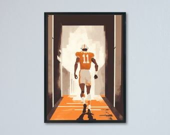 May include: A digital painting of a football player in an orange and white uniform walking through a tunnel. The player is wearing the number "11" on the back of their jersey.