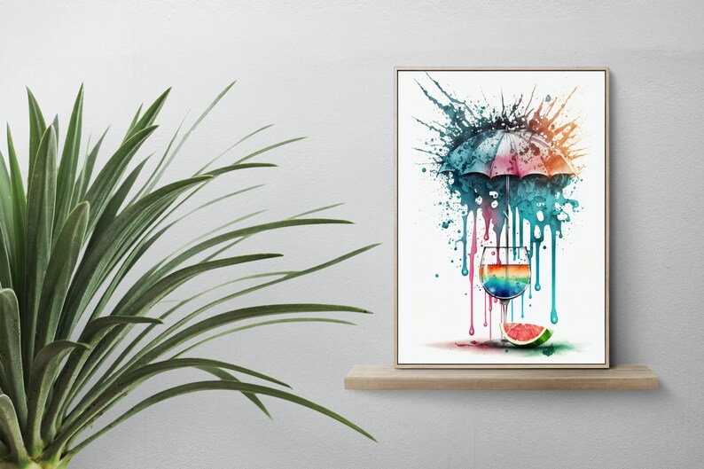 May include: A watercolor painting of a rainbow colored cocktail glass with a watermelon slice on the rim. An umbrella with blue, pink, and white stripes is above the glass. The background is white with colorful paint splatters.