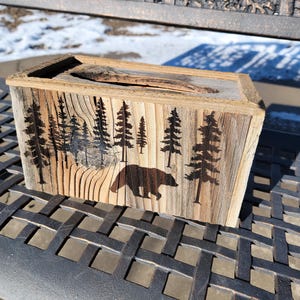 BEAR in the WOODS Tissue box cover for large rectangle cartons. Engraved reclaimed barn wood holder.  customizable laser barnwood