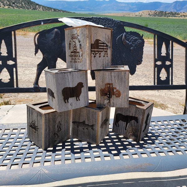 Farm themed tissue box cover.  Farm animals, vintage tractors, and ranch styles.  Rustic laser engraved reclaimed barn wood tissue holder.