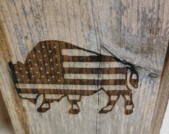 Patriotic engraved reclaimed wood tissue box cover. Natural barn wood with American Eagle, buffalo, gadsden, USA flag designs.  Made in USA.
