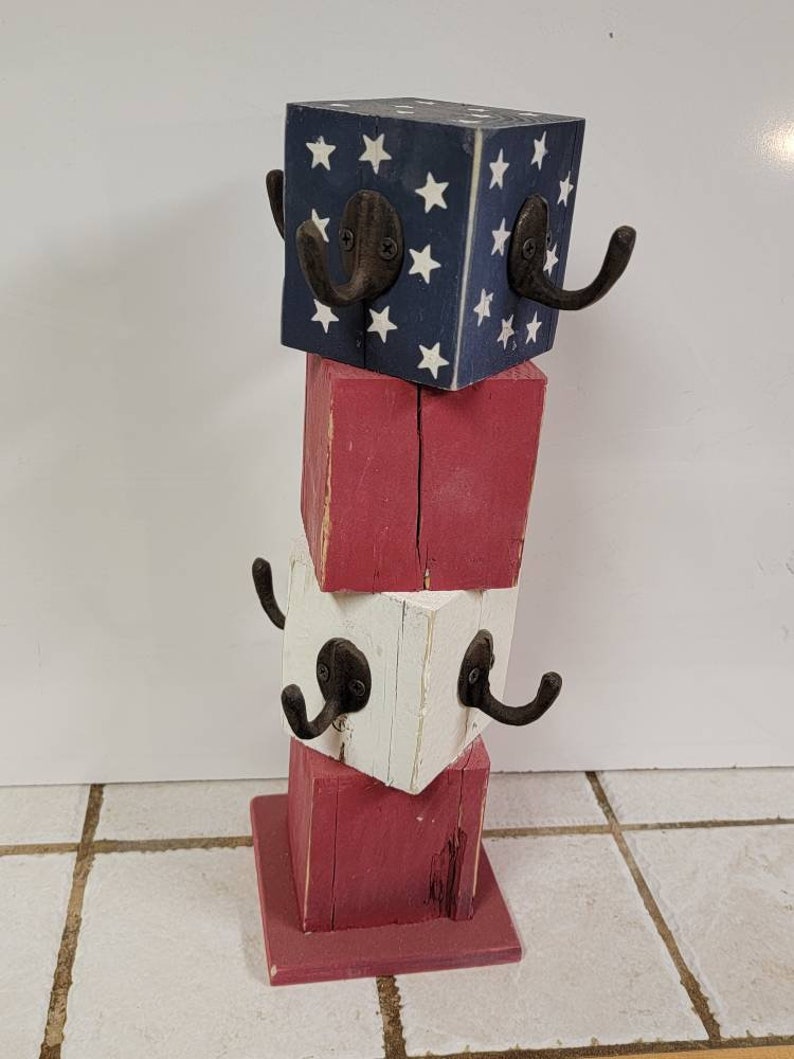Farmhouse Mug Tree - Reclaimed Wood Cup Holder - 18 Color Choices - Mug Stand with cast iron hooks and base - Coffee and tea cup hanger rack American Flag