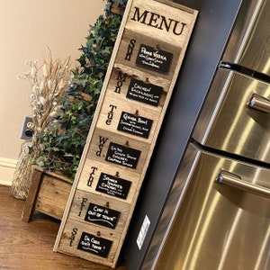 Menu board made from real barn wood - farmhouse weekly meal planner for dinner - daily specials chalk board barnwood rustic style