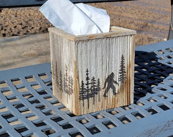 Bigfoot tissue box cover. Rustic sasquatch engraved barn wood tissue holder for cabin lodge. Squatch in the woods, Forest scene on barnwood.