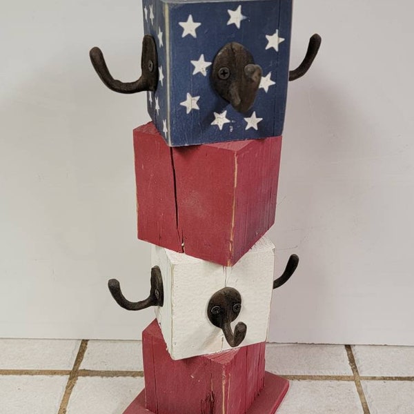 American flag Mug Tree - americauna old glory Reclaimed Patriotic Wood Cup Holder Mug Stand - Coffee and tea cup hanger rack - 18 colors