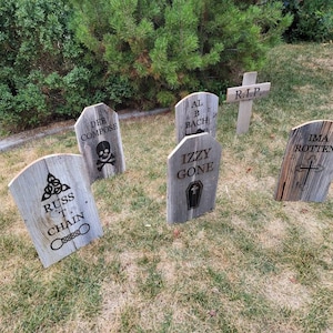 Halloween graveyard headstones - funny grave yard signs - holiday garden cemetery decoration - spooky rustic barnwood wooden sign art