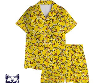 Süßes Enten-Pyjama-Set - Gelbe Gummiente Passendes Shirt und Shorts, Unisex-Bar und -Schlafanzug, lustiges Nachtwäschegeschenk, Cartoon-Enten-PJs