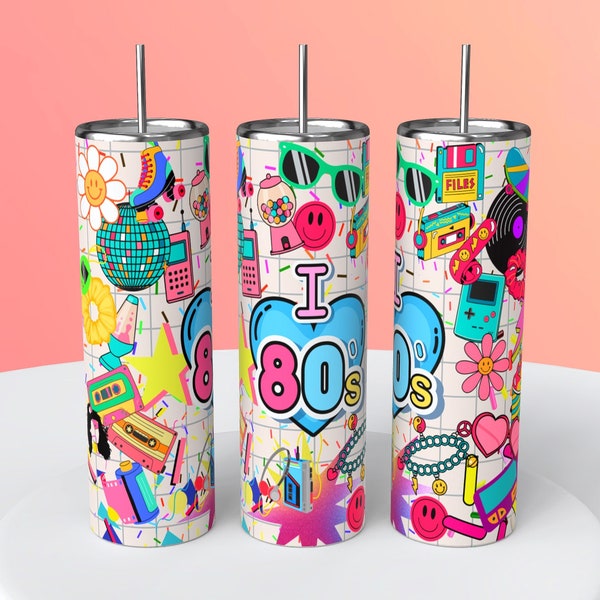 I Love 80s Retro 20 oz Skinny Straight Tumbler Sublimation PNG Instant Download 300dpi Printable Scrunchie Roller Skates