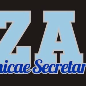May include: A graphic design on a black background featuring the large light blue letters ZA positioned above the text Amicae Secretary written in a blue cursive font with a white outline. The design uses bold typography and high contrast colors.