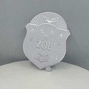 May include: A silver-colored emblem with a shield shape, featuring the letters "ZΦB" and the numbers "19/20". The emblem includes stars, torches, and a bird, with text around the edges. The background is a light gray.