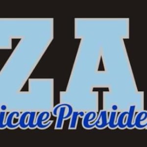 May include: A graphic design on a black background featuring the large light blue letters ZA positioned above the text Amicae President written in a blue script font with a white outline. The design is centered and uses bold, clear typography.