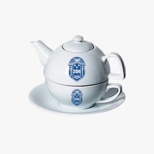 May include: White ceramic tea set with a blue logo featuring a shield with the text "ZOB 1920" and a bird with outstretched wings. The logo is repeated on the cup.