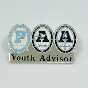 May include: A silver pin with three round, black and white enamel circles with the letters "P", "A", and "A" in blue. The circles are labeled "Parlette", "Amicette", and "Archonette". The pin has a silver bar below the circles with the text "Youth Advisor".
