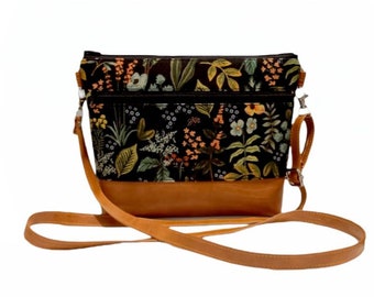 Rifle Paper co. "Herb garden" (Black) - 13 pockets Canvas Vegan Leather Crossbody bag, Grab N Go purse, Floral, Midnight Black