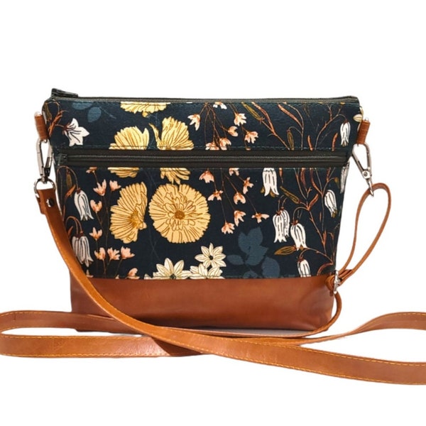 Limited: Art Gallery Fabrics " Bluebells & Buttercups Lark"- 13 pockets Canvas-Vegan Leather Crossbody bag, Grab N Go purse (Spring, Floral)