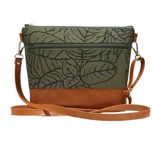 Leaf- 13 pockets Canvas Vegan Leather Crossbody bag, Grab N Go purse ( green, abstract)