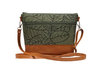 Leaf- 13 pockets Canvas Vegan Leather Crossbody bag, Grab N Go purse ( green, abstract)