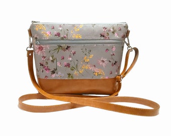 Wildflowers  - 13 pockets Canvas & Vegan Leather Crossbody bag, Grab N Go purse, Floral