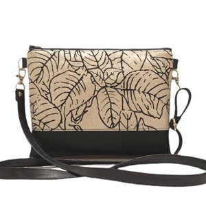 Linen Leaf (Taupe) - 9 pockets Linen  Canvas & Vegan Leather Crossbody bag, Grab N Go purse (Abstract, botanical, Leaves)