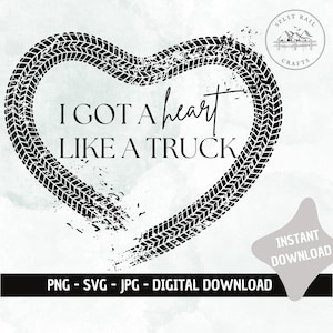 Puede incluir: Descarga digital en blanco y negro de un corazón hecho de huellas de neumáticos con el texto "I GOT A heart LIKE A TRUCK".