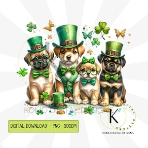 Chiens de la Saint-Patrick PNG | Clipart animal de compagnie festif mignon | Conception numérique Green Hat & Clover | Pièces d'or et trèfles, sublimation pour amoureux des chiens