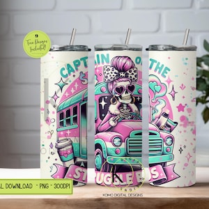 Capitaine du bus de lutte PNG, emballage de verre squelette drôle, design café gothique rose pastel, 20 oz maigre sublimation téléchargement numérique