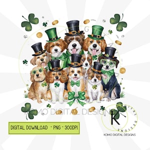 Chiens de la Saint-Patrick PNG | Clipart animal de compagnie festif mignon | Conception numérique Green Hat & Clover | Pièces d'or et trèfles, sublimation pour amoureux des chiens