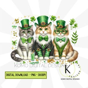 Les chats de la Saint-Patrick PNG | Clipart animal de compagnie festif mignon | Conception numérique Green Hat & Clover | Pièces d'or et trèfles, sublimation pour amoureux des chats