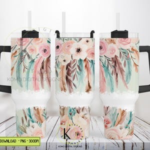 Pastel Flower Wrap 40oz Tumbler, Boho Floral PNG Design, Feather Sublimation Designs Downloads for 40 oz Tumbler