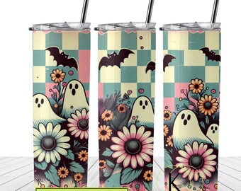 May include: A sublimation design featuring a checkered background with pastel pink and blue squares. The design includes a floral pattern with pink and yellow flowers, green leaves, and white ghosts. The design also includes bats in a dark gray color.