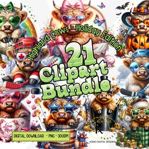 Highland Cow Clipart Bundle | Cute Cow PNG | Sublimação de feriados e temporadas | St. Patrick’s, Páscoa, Natal, 4 de julho, Dia do Canadá