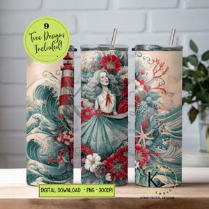 Vaso estético de pescador costero y playero PNG con diseño de sublimación de sirena maestra caprichosa, vaso delgado náutico de 20 oz con olas costeras