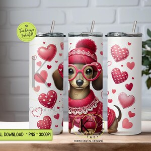 Dackel Tumbler Wrap | Wursthund Sublimation | 20 Unzen rosa Herz Welpen Design | Valentinstag Dog Mom Geschenk
