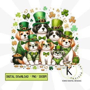 Chiens de la Saint-Patrick PNG | Clipart animal de compagnie festif mignon | Conception numérique Green Hat & Clover | Pièces d'or et trèfles, sublimation pour amoureux des chiens