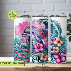 Emballage de gobelet dauphin, modèles de conception sublimation tropicale, gobelet de plage océan floral Hibiscus png, téléchargement numérique, emballage de gobelet 20 oz