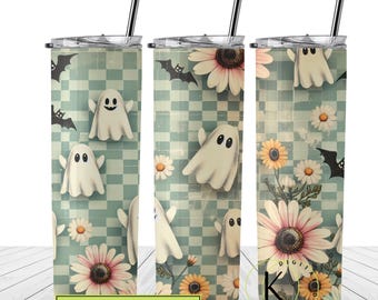 May include: A digital download of a sublimation design featuring a checkered background with ghosts and flowers. The design is perfect for creating custom tumblers, mugs, or other items.