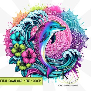 Dauphin Clipart PNG, modèles de conception sublimation tropicale, Hibiscus floral océan plage téléchargement numérique, Design marin abstrait
