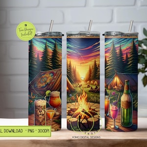 Campfires and Cocktails 20 oz Skinny Tumbler Wrap Sublimation Digital Download Camper Summer Tumbler Seamless Wrap