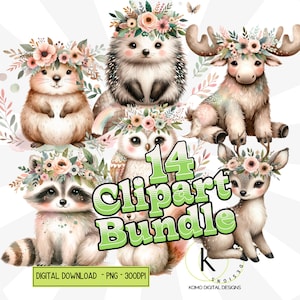 Bundle de cliparts boho des bois bébé animal ours renard orignal chevreuil loup PNG aquarelle Forrest amis chambre d'enfant Decor sublimation téléchargement numérique