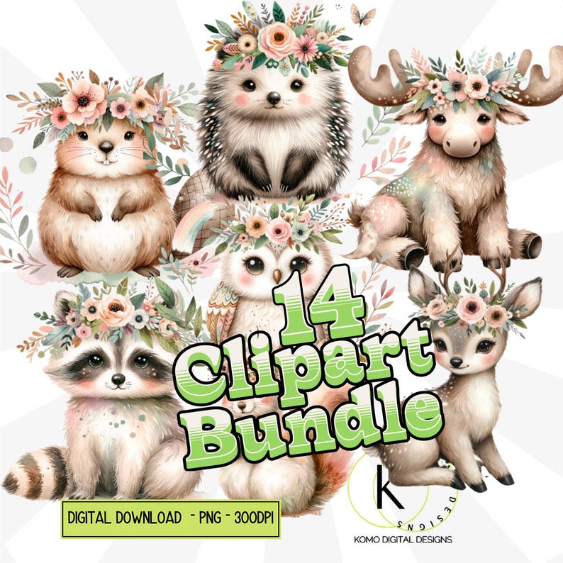 Boho Woodland Baby Animal Clipart Bundle Bear Fox Moose Deer Wolf PNG ...
