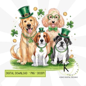 Chiens de la Saint-Patrick PNG | Clipart animal de compagnie festif mignon | Conception numérique Green Hat & Clover | Pièces d'or et trèfles, sublimation pour amoureux des chiens