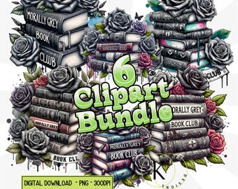 May include: A digital clipart bundle of six images featuring black roses and stacks of books with the text "Morally Grey Book Club".
