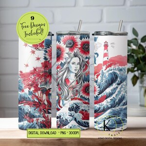 Vaso estético de pescador costero y playero PNG con diseño de sublimación de sirena maestra caprichosa, vaso delgado náutico de 20 oz con olas costeras